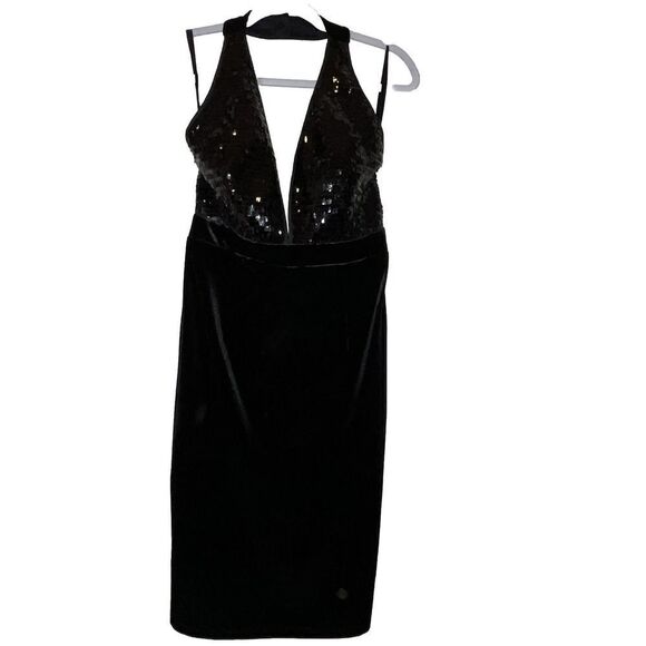 Venus Halter Neck Sequin Top Black Dress Size‎ S Velvet Bottom And Neck Plunge - Picture 1 of 14